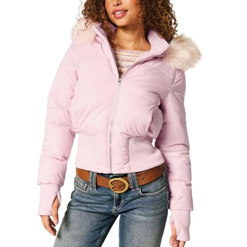 Zoziiee Womens Faux Fur Trim Hooded Jacket Winter Warm Quilted Puffer Bomber Padded Coat Utility Zipper Cropped Outwear (Pink, Medium)