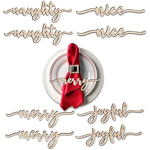 CM Originals Christmas Place Cards Merry, Joyful, Naughty, Nice Wood Sign Plate Decor Setting Table Ornament Farmhouse Home 6 Pack (Merry, ,, 8 Pack) Cover
