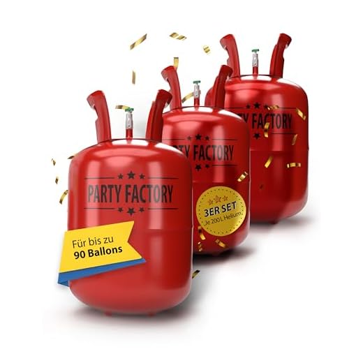 Party Factory – Helium Gasflasche 3x 200L für ca. 90 Luftballons – Partydeko Ballongas Flasche für Latex- & Folienballons – Einwegflaschen mit Knick-Füllventil – Für Partys, Hochzeiten und Geburtstage