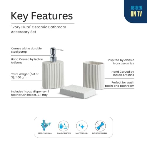 Image of ExclusiveLane 'Ivory Flute' Ceramic Bathroom Accessories Set of 3 (Ceramic Liquid Soap Dispenser Set for Wash Basin, Paste & Toothbrush Holder, Soap Tray) |Hand-Carved |Bathroom Organiser Set