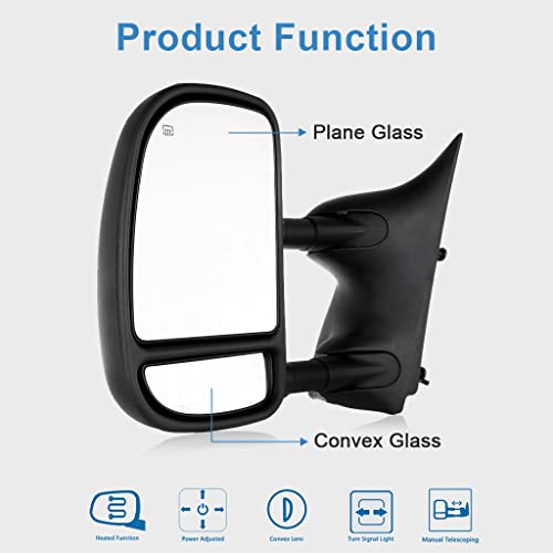 Eccpp Towing Mirrors Replacement Fit For 99-07 For Ford For F250 For F350 For F450 For F550 Power Heated Telescopic Black View Mirror Pair Set Left Driver Right Passenger Side #TOP1