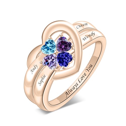 LucySky 925 Sterling Silver Birthstone Ring for Women With 4 Birthstones and Custom Engraved Name - Heart Promise Wedding Ring Gift for Valentine's Day, Mother's Day, Anniversary3