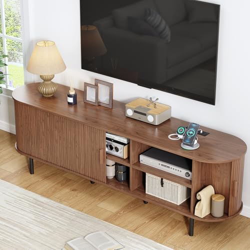 Image of 70.8 inch TV Stand with Power Outlet, Mid-Century Modern Television Stand, Fluted Media Console with Sliding Doors, Entertainment Center for TVs up to 60 Inch, Adjustable Shelves, Walnut