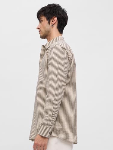 Image of The Souled Store Cotton Linen Stripes: Prism Men and Boys Long Sleeve Collared Neck Button Front Regular Fit Cotton Linen Shirt