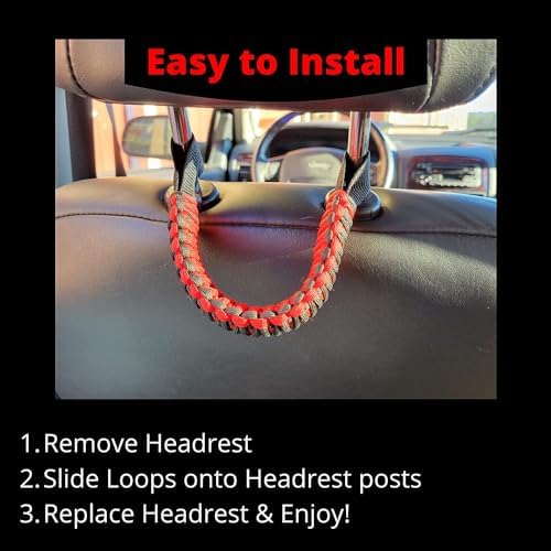 Badass Moto Paracord Headrest Grab Handles for Trucks. Fits Jeep Wrangler, Gladiator, Tacoma Car, SUV Headrests. Back Seat Grab Handles. Head Rest Handle Strap for Rear Passengers. Red/Black 2 Pack