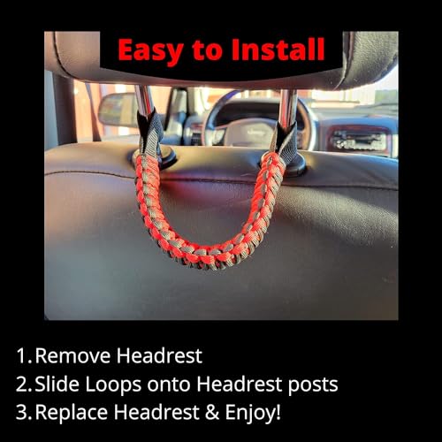Badass Moto Paracord Headrest Grab Handles for Trucks. Fits Jeep Wrangler, Gladiator, Tacoma Car, SUV Headrests. Back Seat Grab Handles. Head Rest Handle Strap for Rear Passengers. Red/Black 2 Pack