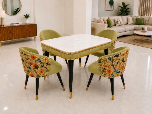 Image of WOODEN SPACE Majestic 4 Seater Wooden Dining Table Set | Urban Marble Top Dining Table with Chairs for Dining Room & Kitchen (Modern Classic Printed Light Green) (54 x 36 x 30 inch)