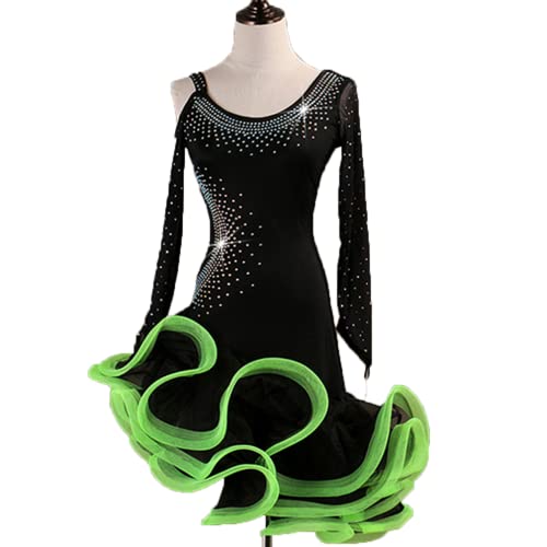 Women's Latin Dance Performance Dresses Rhinestones Cha Cha Skirt Ballroom Competition Dance Dress Costume for Rumba,Green,XXL