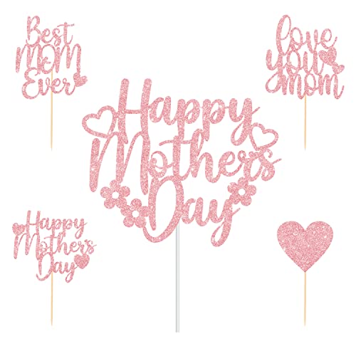 Cavla 25 Pieces Happy Mother's Day Cake Topper And Mother's Day Cupcake Toppers Rose Gold Glittery Mothers Day Cupcake Picks Cake Decorations Love You Mom Best Mom Ever Party Cupcake Decorations #TOP22
