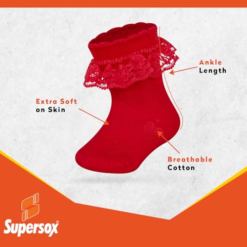 Image of Supersox Frill Ankle Length Socks for Babies | Durable & Breathable Combed Cotton | Extra Soft, Anti-Odor & Moisture Absorbent | Pack of 3