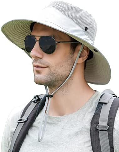 Koreshion Mens Womens Sun Hat Wide Brim Breathable Mesh UPF 50+ Bucket Hat Waterproof Fishing Hat Quick-Drying Safari Hat Foldable Boonie Cap Outdoor Sun Protection Cap Light Gray