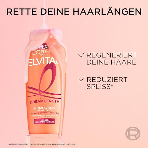 L'Oréal Paris Elvital XXXL Shampoo gegen Spliss, Für traumhaft langes Haar, Mit Rizinusöl, Vitaminen und pflanzlichen Proteinen, Dream Length Super Aufbau Haarshampoo, 1 x 1000 ml