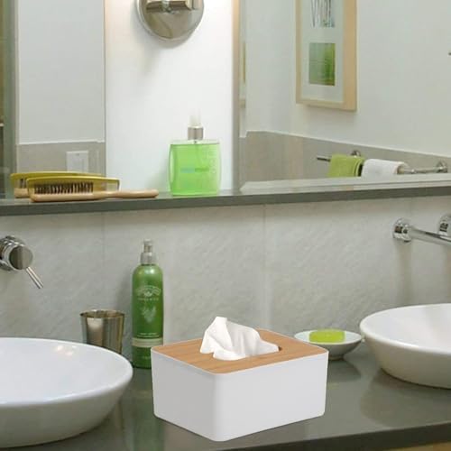 Image of HOKIPO Bamboo Cover Plastic Tissue Box Holder | Tissue Paper Holder Box Case | Tissue Holder Dispenser Organizer for Car Decor Home, 16.5x13x9 cm (AR-5292)