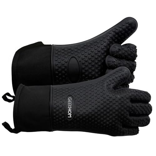 Image of GEEKHOM BBQ Gloves X-Large, Heat Resistant Kitchen Silicone Oven Mitts, Waterproof Oven Gloves, BBQ Grill Accessories for Baking, Fryer, Smoker, Weber, Pizza, Microwave, Non-Slip, Black