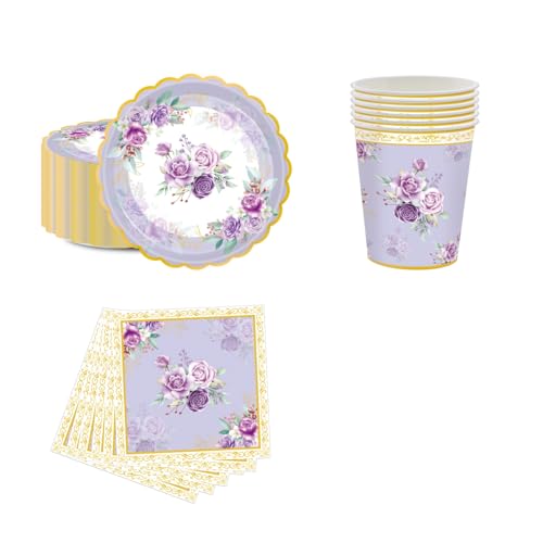 Juego de 100 platos, tazas y servilletas de papel floral vintage púrpura | Vajilla de fiesta de té para 25 invitados para té de la tarde, boda, compromiso, fiesta de jardín y decoraciones de baby