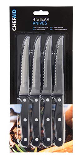 Chef Aid Stainless Steel Serrated Steak Knife Set, Set of 4 Durable Multipurpose Kitchen Knives with Comfort Grip, Ergonomic - Non-Slip, Rust Resistant, Sharp Dinner Table Knife Set, Black Chef Aid Stainless Steel Serrated Steak Knife Set, Set of 4 Durable Multipurpose Kitchen Knives with Comfort Grip, Ergonomic - Non-Slip, Rust Resistant, Sharp Dinner Table Knife Set, Black