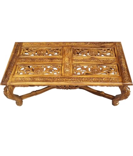 Image of Wooden 5 Seater Sofa Set with Center Table, Solid Wood Hand-Carved Sofa with Traditional Design Furniture for Living Room, Home, Office