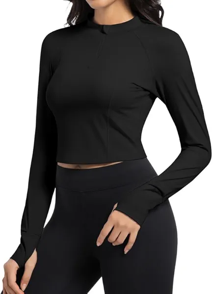 Long Sleeve Workout Tops for Women UPF 50+ Quarter Zip Pullover Athletic Shirts Quick Dry Crop Golf Yoga Active Top Black 2XL