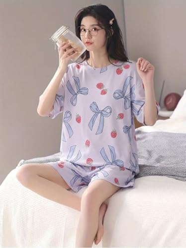 Image of Korean Night Dress |Shorts Set |Round Neck Half Sleeve Nightsuit |Premium Cotton Blend Stylish Digital Printed Pajama Co-ords |Matching 2 Piece Sleepwear Nightwear Cute Pjs |Casual Lounge Sets
