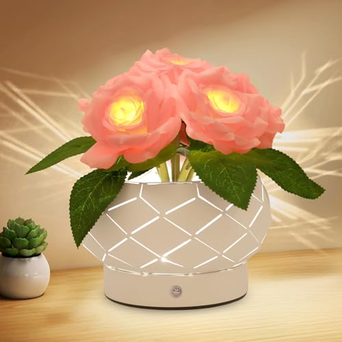 Image of Roses Flower Touch Lamp,Rechargeable Cordless 3-Colour Dimming Small Night Light for Festival,Dining Room,Bedroom Home Decor Birthday Gifts-6 Rose