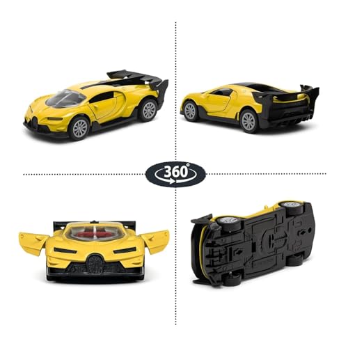 Image of Bugatti Die Cast 1:32 Scale Metal Pull Back Car | Premium Alloy Toy Vehicle with Openable Doors | Realistic Mini Racing Model Car Toy for Kids Boys Girls | Durable Collectible Gift Yellow