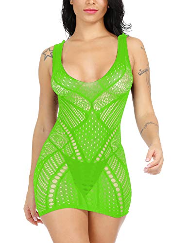 Woosifun Women Sexy Fishnet Lingerie V-Neck Babydoll Bodysuit Strapless Mesh Chemise Mini Dress One Size Green