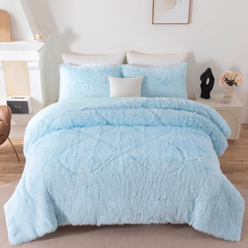 Image of Light Blue Fluffy Girls Comforter Set Twin Size 3 Pieces Faux Fur Plush Shaggy Bedding Set for Teen Girls Soft Warm Furry Velvet Kids Bed Sets (Light Blue, Twin)