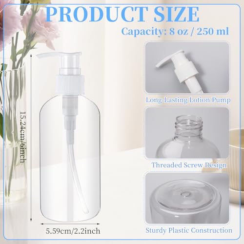 57 Pcs Pump Bottle Set 8 oz/250 ml Refillable Plastic Lotion Dispenser for Shampoo, Conditioner, Hand Soap, Body Wash, Clear Empty Bottles with Pumps, Bulk with 5 Funnels and 5 Labels2