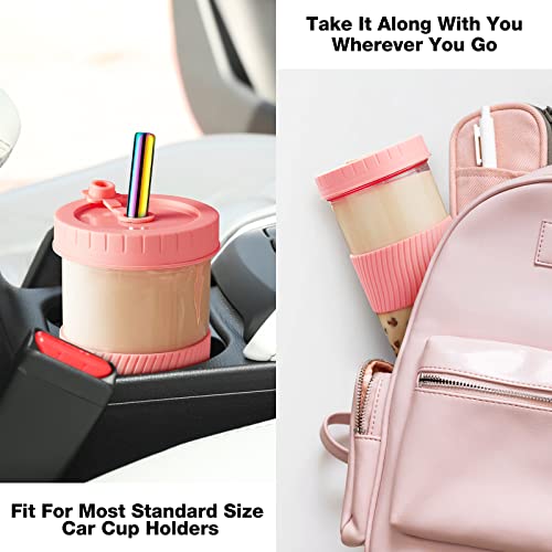 Image of Mfacoy (4 Pack x 2 Size Cup, 24oz & 16oz Bubble Tea Cup, Smoothie Cups with Lids and Stainless Straws, Reusable Cup, Wide Mouth Mason Jar Drinking Glasses with Silicone Sleeve for Travel
