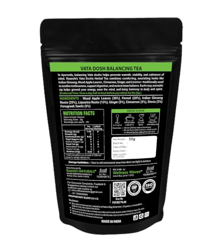 Image of Wellness Waves Vata Dosh Balancing Tea, 100% Natural Herbal, Caffeine Free, with Indian Ginseng, Wood Apple Leaves, 50g, Balance Your Dosh Naturally, GMP Certified