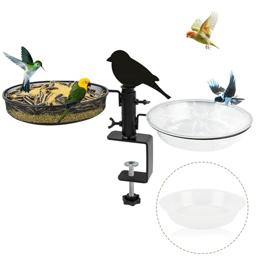 Deck Bird Feeders with Metal Tray and 2 Water Bowls, Detachable Adjustable Heavy Duty 3 Inch Clamp Bracket, Perfect for Attracting Birds to Balcony or Porch Railing