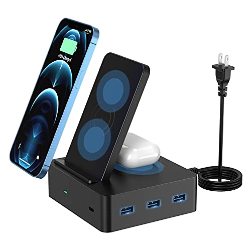 LVFAN Wireless Charging Station for Multiple Devices, 6 in 1 Wireless Charging Stand with 2 Wireless Charger Ports, 3 USB-A Ports, 1 Type-C Port - Charging Station for iPhone, iPad, Android, AirPods