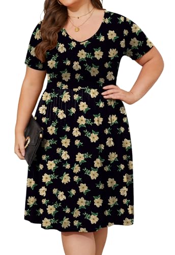 Image of DB MOON Women Plus Size Dresses 2026 Summer Casual V Neck Short Sleeve Knee Length Dress with Pockets