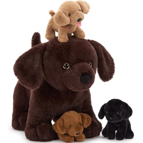 MorisMos 4 stücke Labrador Retriever Plüschtier Set, 40cm riesen Hund Kuscheltier Stofftier XXL Realistisch mit 3 Babys welpen im Bauch, Plüschhund Weihnachten Geschenk für Kinder Baby