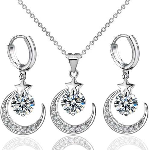 TOFBS Herz Schmuckset Doppelherz Halskette Ohrringe Set Kristall Anhänger Kette Creolen Damen Schmuck Silber Glänzend Elegant Zeitlos
