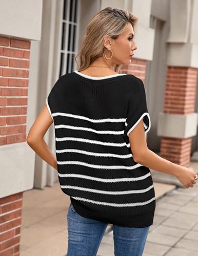 Image of Libsorge Womens Oversized Lightweight Cute Striped Sweater Vest Spring 2025 Crewneck Hollow Out Thin Cap Sleeve Knit Top