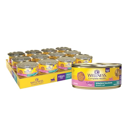 Image of Wellness Complete Health Pate Kitten Canned Wet Cat Food, Natural, Protein Rich, Grain Free, Whitefish and Tuna Entree Recipe, 5.5 oz, Pack of 24 Cans