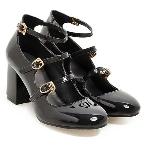 Women's Chunky High Heels Mary Jane Pumps Round Toe Buckle Strappy Patent Leather Elegant Dress Shoes2