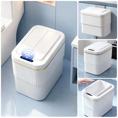 Image of Sensor Bathroom Trash Can with Lid, 2.5 Gallon Motion Sensor Garbage Can,Automatic Touchless Trash Cans, Small hanging garbage bin,Mountable /Desk for Kitchen Compost Bin,Office,White Gold Decor