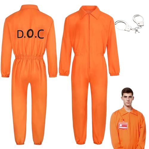 PLLYPE Disfarce preso homem, 175-180 cm disfarces de prisioneiro laranja, disfarce de prisioneiro com algemas, para o Halloween cosplay carnaval festas