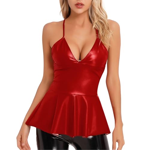 Wetlook   Vestido sin mangas para mujer, falda plisada, de PVC, minivestido de San Valentín, vestido de baile de discoteca, vestido de patinadora en línea A, cuello redondo, vestido de piel, rojo, M