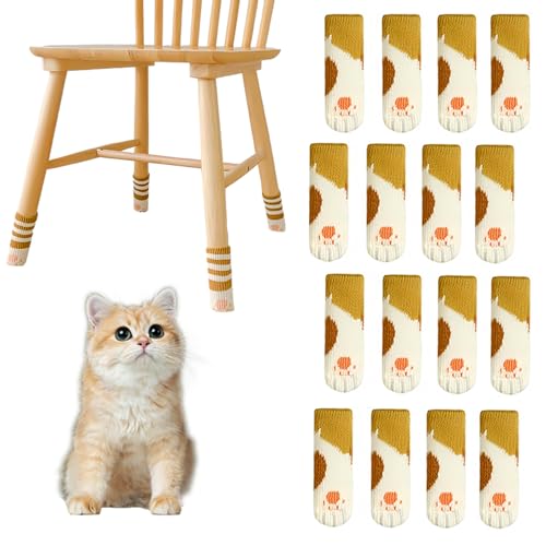 Image of 16Pcs Cat Chair Socks for Chair Leg Floor Protectors - Cat Paw Chairs Socks - Chair Leg Socks for Hardwood Floors - to Avoid Scratches and Reduce Noise - Knitted Reusable (Yellow Pattern)