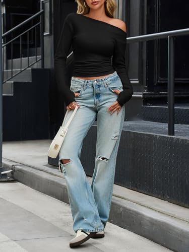 Yousify Womens Ribbed Off The Shoulder Tops Long Sleeve Going Out Tops Cute Slim Fit Shirts with Thumb Holes3