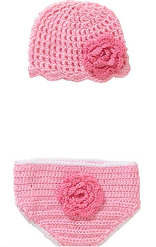 Hand Crocheted Hat & Diaper Cover Set Pink Flower...