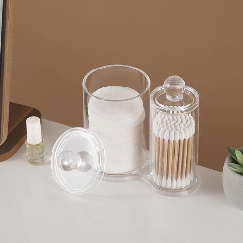 Image of Qtip Holder Clear Round Container Cotton Ball Swab Holder with Lid Make Up Brush Holder Bathroom Organizer Acrylic Organizer for Cotton Ball and Swab Round Pads Hair Accessories Clear Apothecary Jar