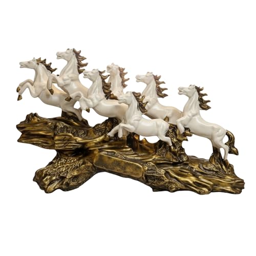 Image of eCraftIndia White Resin 7 Running Horses Showpiece | Horse Statue for Home Decor Office | Decorative Horse Sculpture with Golden Wave Base | Feng Shui Items for Good Luck