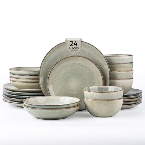 Image of GBHOME Dinnerware Sets For 6, 24Pcs Stoneware Plates and Double Bowls Sets, Dishwasher&Microwave Safe