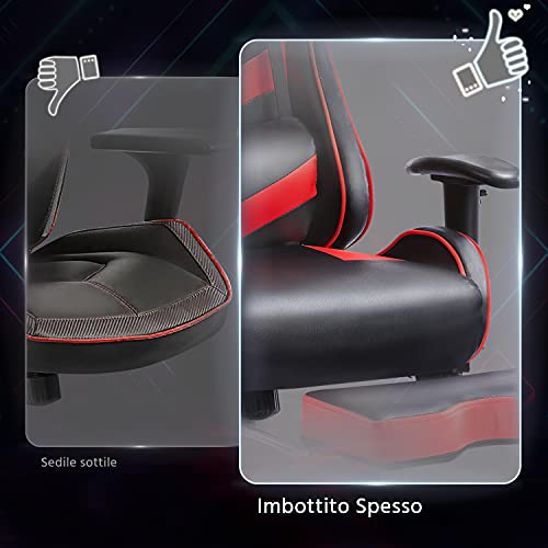 Sedia da Gaming Ergonomica Lombare con Poggiapiedi Schienale Alto Reclinabile 180° Poltrona Gamer Ufficio Girevole Imbottita in Ecopelle con Braccioli Regolabili Portata 140 kg Nera/Rossa - Sedia gaming - Immagine 5