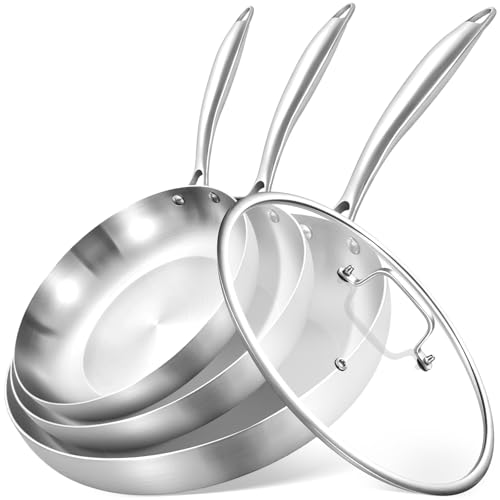 Inqibee Edelstahlpfanne Bratpfannenset 20/24/28 cm mit Deckel Pfannenset Edelstahl Set Unbeschichtet Stainless Steel Frying Pan Für Induktion & alle Herdarten - Ofenfest Spülmaschinenfest