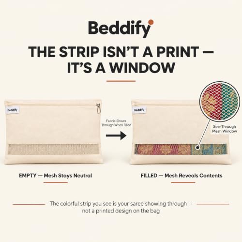 Image of Beddify Pack of 6 Cotton Saree Bags Covers For Storage Big Size Single (16 X 14 Inches) With Zip Closure For Clothes Bags And Wardrobe Organizer With Transparent Mesh Window, Beige